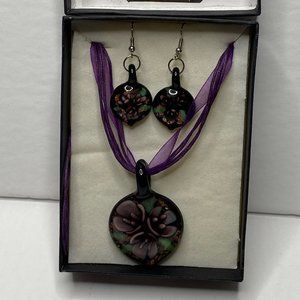 Art Glass Flora Necklace and Earrings Purple Shepherd Hook Dangle Ribbon